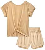 RBX Girls' Active Bike Short Set - 2 Piece Short Sleeve Athletic Shirt and 2-in-1 Running Shorts for Girls (Sizes: 7-12), Size 7/8, Oxford Tan