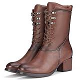 SUEDI Women's Combat Boots Lace up Mid Calf Boots Side Zipper Chunky Heel Military Boots for Women Brown Size 9