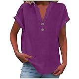 Deal+of+The+Day Prime Today only Linen Tops for Women Summer Short Sleeve V Neck Lightweight Tee Shirt Simple Solid Color Loose Casual Blouse Ladies Short Sleeve Tops Purple M