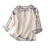 Women's Cotton Linen Summer Button 3/4 Sleeve Shirts Summer Crew Neck Casual Boho Top Vintage Embroidery Blouse Tops