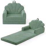 Blissful Diary Kids Couch, 2-in-1 Soft Toddler Couch Fold Out, Toddler Chair Comfy, Convertible Sofa to Lounger, Kids Furniture for Playroom, Gift for Birthday, Children's Day, Green Shell
