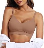 OEAK Womens Push Up Everyday Bras Comfortable Wireless Bralettes V Neck Seamless Bra Smooth Brassiere Wire Free Basic Bras Coffee M