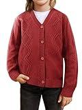 Haloumoning Boys Cable Knit Cardigans Kids V Neck Long Sleeve Button Down Sweater Coat Fall Winter Outfits 5-14 Years, Red Wine, 7-8 Years