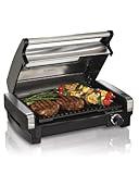 Hamilton Beach Electric Indoor Searing Grill with Viewing Window & Adjustable Temperature Control to 450F, 118 sq. in. Surface Serves 6, Removable Nonstick Grate, Stainless Steel