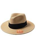 FURTALK Sun Hats for Women Men Panama Hat Wide Brim Fedora Straw Beach Hat UV UPF 80+ Beach Vacation Essentials Khaki