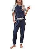 AUTOMET Lounge Sets For Women Two Piece Outfits Loungewear Short Sleeve Crewneck Jogger Pajama Set Sweatpants Tracksuit Navy Blue L