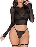 Avidlove Rave Outfits for Women Black Lingerie Set Halloween Lingerie Sexy Long Sleeve Going Out Tops Mesh Bra Panty Set