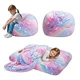 Kids Bean Bag Chair Turn into Beanbag Bed, Unicorn Toddler Bean Chair for Girl Boy Sleeping, Lazy Children Bean Bags with Filler, Convertible Child Floor Mattress, Colorful Rainbow