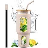 WINSA Glass Tumbler with Lid and Straw, 46 oz Iced Coffee Cup with Handle, Large Water Bottles with Silicone Sleeve, Glass Cup with Straws - Pearl Straw & Drinking Straw BPA Free-Amber