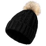 Avisky Womens Winter Knitted Beanie Hat with Faux Fur Winter Hats for Women Fur Pom Warm Knit Skull Cap Thick Beanie Hat Black