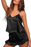 Ekouaer Satin Pajama Set for Women Silk Pjs for Women Set Camisole Top and Shorts with Ruffle Sleepwear Black