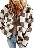 SHEWIN Jackets For Women Causal Lightweight Sherpa Fall Jacket Loose Button Down Oversized Plaid Fleece Coats Fall Clothes 2024 Chestnut Large