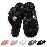 GOEWY Fuzzy Open Toe Slippers for Women Indoor and Outdoor with Memory Foam Cozy Cross Band Cute Slipper Soft House Shoes Slides Slip On Gifts for Women Mom Her Ladies Bridesmaid Black