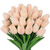 MACTING 30 PCS Artificial Tulip Flowers 13.7" Real Touch Fake PU Tulips Bouquet Faux Flowers for Floral Arrangements Table Centerpiece Kitchen Home Indoor Outdoor Summer Decorations (Light Pink)