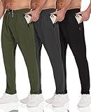 lomsoe 3 Pack Mens Athletic Pants with Zip Pockets Lightweight Sweatpants for Men Joggers Pants Quick Dry Workout Sweat Pants(Black,Dark Gray,Army Green,M)