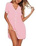 Ekouaer Nightgowns for Women Button Short Sleeve Sleepshirt Nursing Friendly Night Dress Plus Size Sleepwear Pink XXL