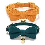Ewinoom 2 Pack Soft Corduroy Cat Collars with Bow Tie & Bell, Adjustable Breakaway Cotton Kitty Bowtie Collar for Girl Boy Kitten (Orange & Green)