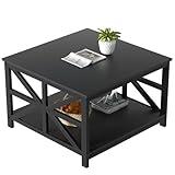 GreenForest Coffee Table with Storage for Living Room, Small Square Center Tables with Seamless One-Piece Tabletop Farmhouse Style, Black