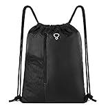 BeeGreen Black Drawstring Backpack Gym Bag For Men Women String Sports Backpack With Water Bottle Mesh Pockets And 2 Zippered Pocket Large Cinch Sackpack Workout Bag 16" x 20"