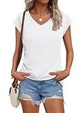 AUTOMET Womens V Neck Cap Sleeve Tshirts Casual Tops Cute T Shirts Summer Clothes Vintage Basics Tee, White, M