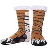 SDBING Mens Slipper Socks with Grippers Winter Warm Cozy Thick Fuzzy Indoor Fluffy Home Socks (Tiger Paw, 10-13)