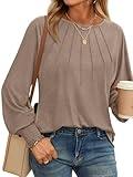 AUTOMET Womens Fall Fashion Long Sleeve Shirts Fall Tops Pleated Shirts Casual Loose Dressy Basic Trendy Clothes 2024 Khaki XL