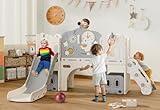 BIERUM 12 in 1 Toddler Slide, Astronaut Themed Baby Slide for Toddlers Aged 1-3, with Astronaut, Moon, Cloud, Star, Phone Call Design, Basketball Hoop and Ring Toss, Toddler Playset Beige Gray