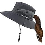 Mukeyo Womens Summer Sun Hat Wide Brim Outdoor UV Protection Hat Foldable Ponytail Bucket Cap for Beach Fishing Hiking Grey