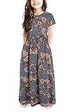 GORLYA Girl's Short Sleeve Floral Print Loose Casual Holiday Long Maxi Dress with Pockets 4-12 Years (11-12Years/Height:150cm, Grey Print)