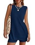 NENONA Womens Two Piece Outfits Summer Crew Neck Sleeveless Knit Sweater Tank Tops and Shorts Sets,DarkBlue,L