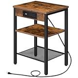 HOOBRO Side Table with Charging Station and USB Ports, Small End Table for Small Space, 3-Tier Nightstand with Adjustable Shelf, for Living Room, Bedroom and Balcony, Rustic Brown BF112BZ01