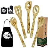 Christmas Gift for Mom Women Nightmare Halloween Kitchen Decorations Cooking Utensils Set - Wooden Cooking Spoons with Apron Oven Mitt Potholder, Women Mother's Day Birthday Gift