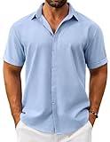 VOZZBY Mens Linen Shirts Short Sleeve Button Down Shirts Vacation Wedding Guest Dress Clear Blue