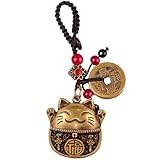 Yisinar Lucky Charms - Maneki Neko Brass Cat Keychain with Feng Shui Coins, Japanese Lucky Cat Decor Pendant, Chinese Lucky Cat Keychain