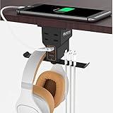 ALACOO Headset Holder for Desk, Dual Headphone Stand, PC Gaming Headphones Hanger Hook Under Desk with (QC3.0) 3 USB Charging Station & 2 AC Outlet(800W) for All Earphone Accessories Gamer Gift