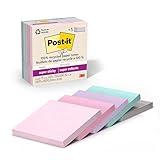 Post-it 100% Recycled Paper Super Sticky Notes, 2X The Sticking Power, 3x3 in, 5 Pads, 70 Sheets/Pad, Wanderlust Pastels Collection (654R-5SSNRP)