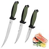 MOSSY OAK 3-Piece Fishing Fillet Knife Set with Protective Sheath, Stainless Steel Filet Knives with Non-Slip Handle, Bait Knife for Filleting and Boning (Military Green)