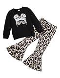 HSOXLQF Kids Toddler Girls Clothes Figure Graphic Drop Shoulder Top Leopard Print Flared Leg Pants Fall Winter Outfit Set(5-6T)