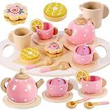 BUYGER Pretend Play Princess Tea Party Set for 3 4 5 6 + Year Old Wooden Kitchen Play Food Accessories Sets Gifts for Toddler Little Girls Boys Age 3-5