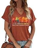 Women's Fall Leaves Trees V Neck Shirt Halloween Fall is My Favorite Color Printed Short Sleeve Graphic Tee Casual Autumn Shirt（L,H-Brown）