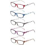 Kerecsen Reading Glasses 5 Pairs Fashion Ladies Readers Spring Hinge with Pattern Print Eyeglasses for Women (5 Pack Mix Color, 3.0)