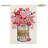 CROWNED BEAUTY Valentines Day House Flag 28x40 Inch Double Sided Large Burlap Holiday Mason Jar Floral Pink Flag for Outside Yard CF1212-40