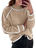 PrinStory Women's Turtleneck Pullover Sweater Long Sleeve Color Block Loose Knit 2024 Fall and Winter Basic Trend Outfits Khaki 2XL
