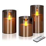 wemarry Flameless LED Candles with Remote Set of 3 Battery-Operated Acrylic Gray Pillars, 4", 5", 6" x 3" Diameter Flickering Effect with Timer Ideal for Home Décor Weddings Parties, Restaurants