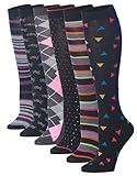 Tipi Toe Women's 6 Pairs Colorful Black with Subtle Pink Patterns Argyle Geometric Patterned Accent Knee High Socks, KH171-T1