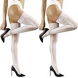 CHARFOX 2 Pairs Thigh High Stockings, Sheer Lace Silicone Stay Up Hosiery Tights, Shiny Oil Stocks White for Wedding (White 2 pairs)