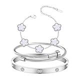 Jade cabbage Gold Bracelets for Women 18K Gold Plated Love Friendship Bracelet With Cubic Zirconia Cuff Bangle Jewelry Set Witness the Gift of Love (Silver 3pcs-A Medium 6.5")