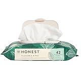 The Honest Company Flushable Wipes for Sensitive Skin | Fragrance Free, Hypoallergenic, 99% Water, Safe to Flush | pH Balanced Feminine Wipes | Tropical Leaves, 42 Count