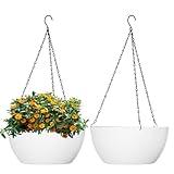 WSMKSZ 10 inch Hanging Planters for Outdoor Indoor Plants with Drainage Holes and Chain, 2 Pack Round Hanging Flower Plant Pots for Garden Home Porch Decor, White