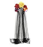 Merroyal Women's Dia de los Muertos Rose Flower Costume Headpiece Halloween Day of The Dead Costume Headband (Red Yellow Orange Black Veil)